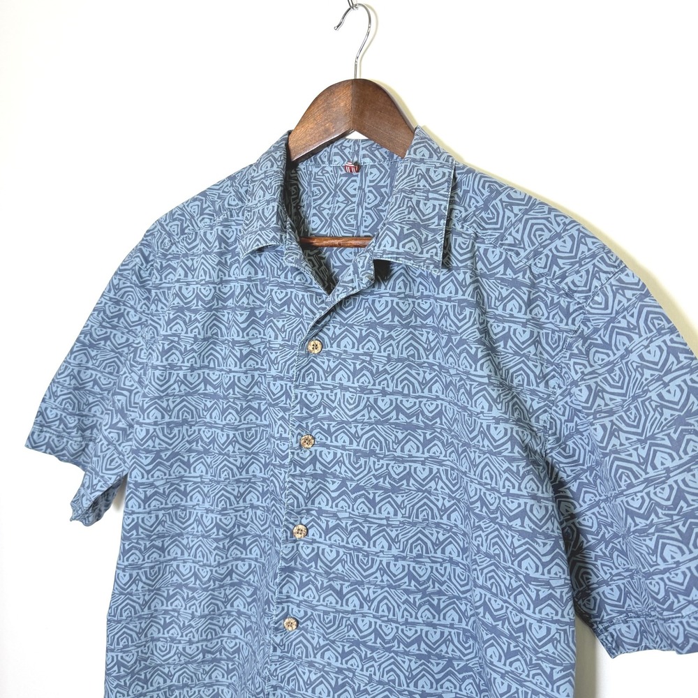 Mens Resort Aloha Shirt Blue Tribal Geometric Camp Collar Coconut Button XL